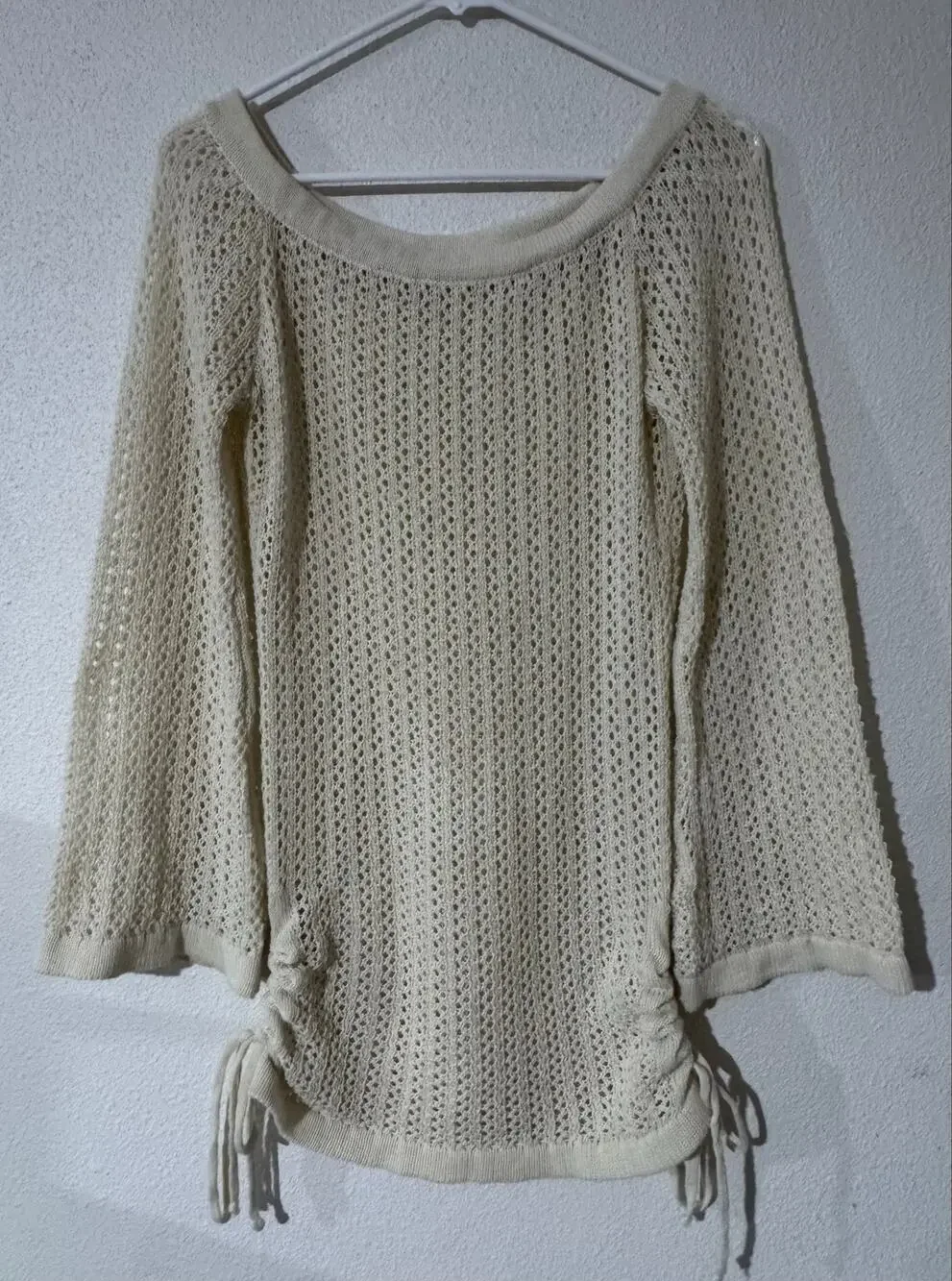SHEIN Boho Cream Open Knit Bell Sleeve Tunic Sweater Size Medium Beach Comfy